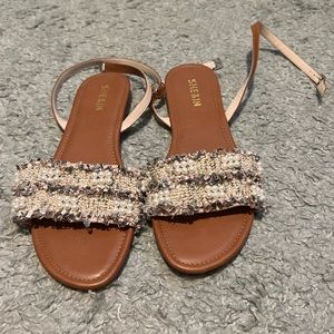 Beaded Ankle Strap Tweed Sandals